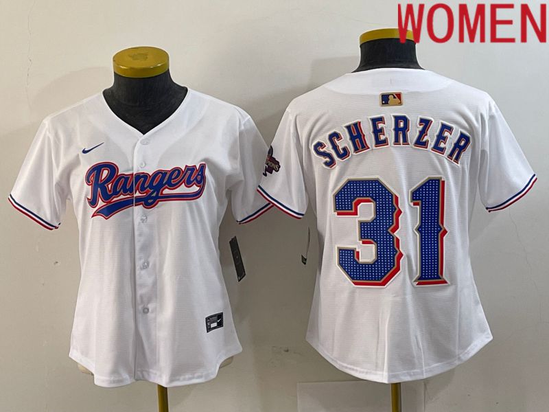 Women Texas Rangers 31 Scherzer White Champion Game Nike 2024 MLB Jersey style 1